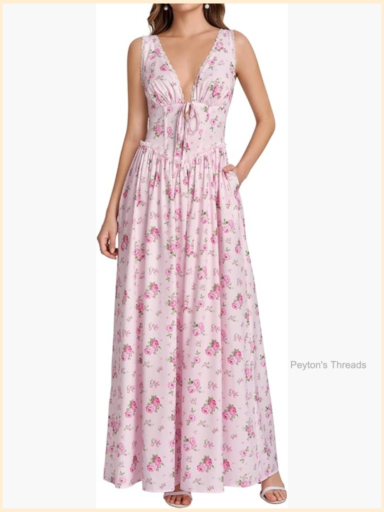 Women Floral Corset Maxi Dress V Neck Lace Trim A Line Sundresses Wedding Guest